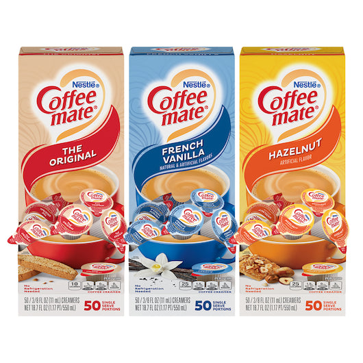Coffee-Mate Variety Pack 50 The Original, 50 French Vanilla, And 50 Hazelnut Single Serve Liquid Creamer, .375 Ounces Per Cup - 50 Per Pack - 3 Per Case