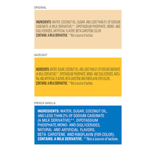 Coffee-Mate Variety Pack 50 The Original, 50 French Vanilla, And 50 Hazelnut Single Serve Liquid Creamer, .375 Ounces Per Cup - 50 Per Pack - 3 Per Case