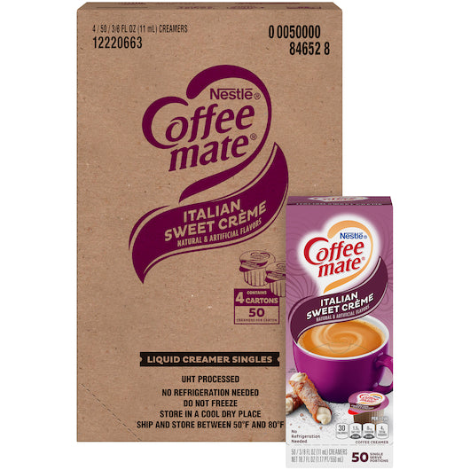 Nestle Coffee-Mate Italian Sweet Creme Flavor Liquid Creamer Singles, .375 Ounce Per Cup - 50 Per Pack - 4 Per Case